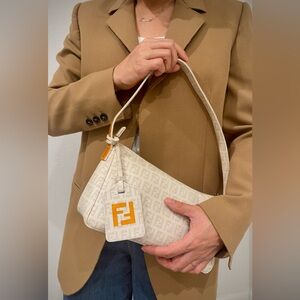 •••SOLD•••Auth Fendi Gray White Zucchino Pochette Shoulder Bag Coated Canvas